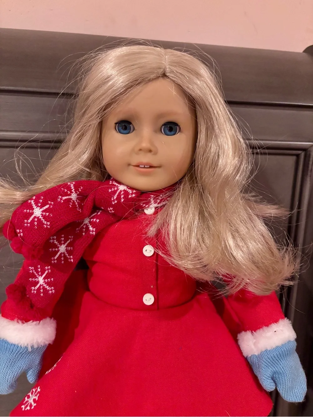 American Girl Red Holiday Dress with Blue Mittens and Skates